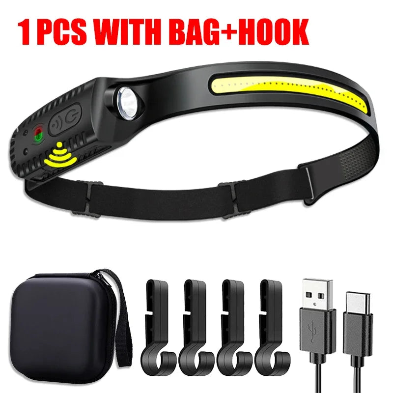 USB Sensor LED Headlamp with 230° Beam & Rechargeable Battery for Outdoors