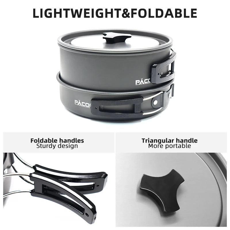 PACOONE Portable Camping Cookware Set – Lightweight Outdoor Pot, Pan & Kettle Kit for 2–3 People