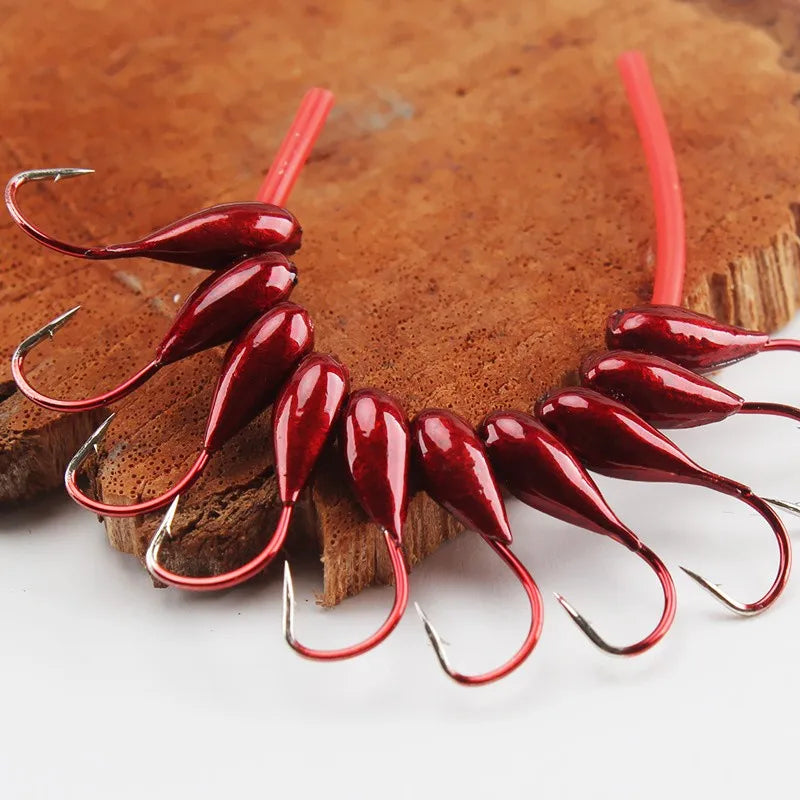 10/20/30PCS Fishing Barbed Hooks with Red Worm Overturned Jig Head