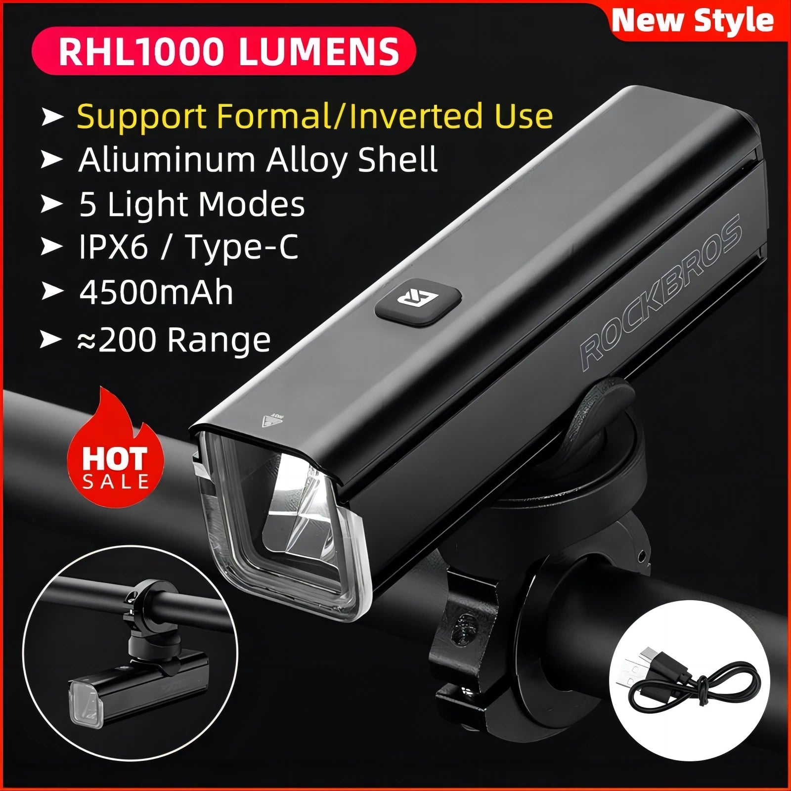 1000LM Rechargeable Bike Headlight with Type-C and 4500mAh Battery