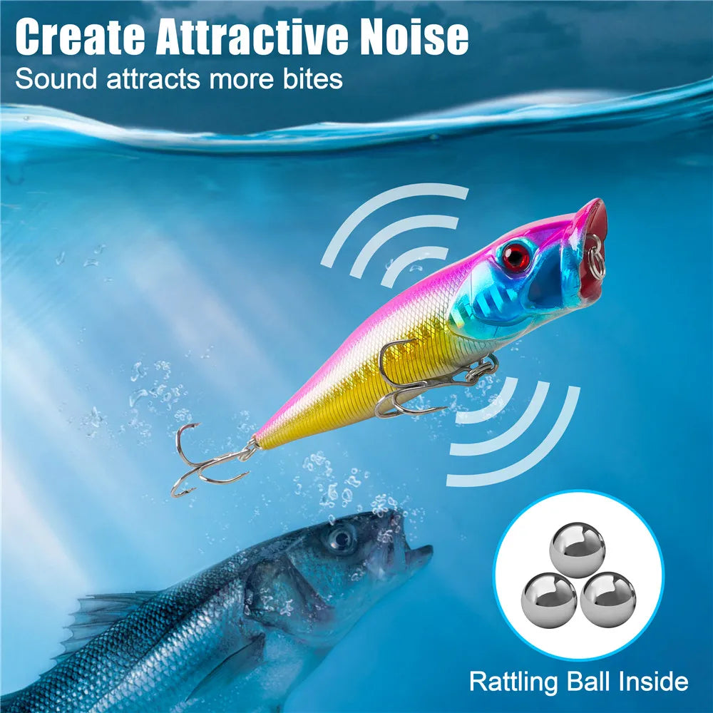 8PCS Popper Fishing Lures Topwater Rattle Floating Hard Baits