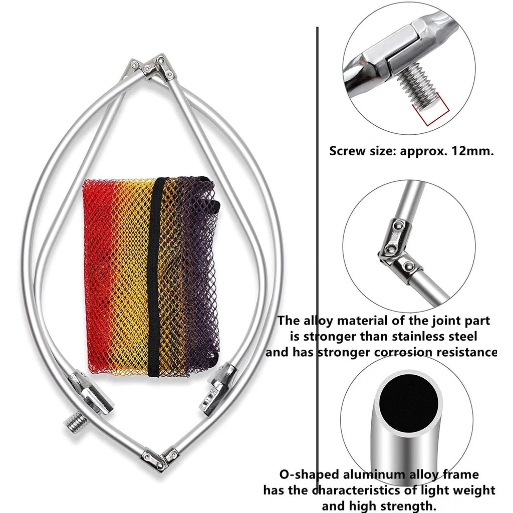 Metallic frame with mesh pocket and detailed specifications on a white background
