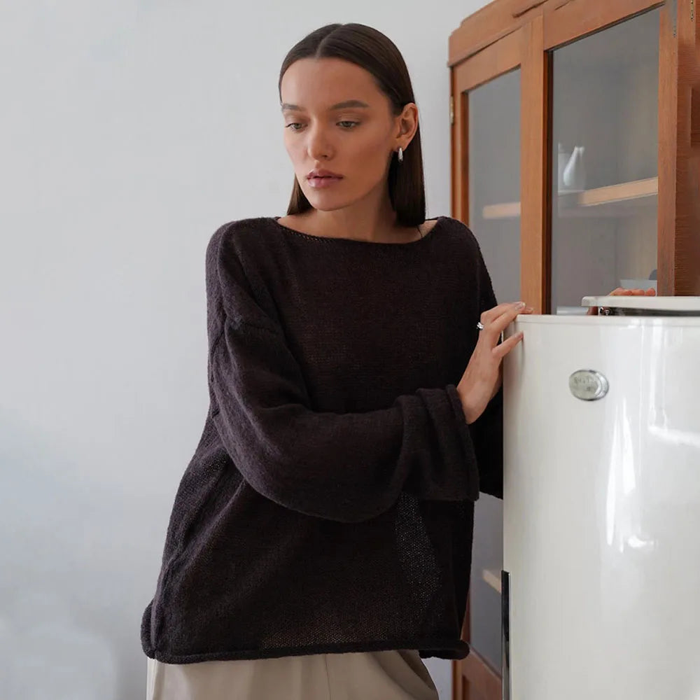 Women’s Hollow Knit O-Neck Sweater – Loose Casual Fit