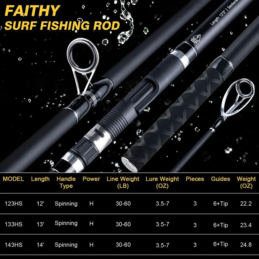 Heavy Duty Carbon Surf Spinning Rod – 12FT–14FT 3-Piece Saltwater Rod