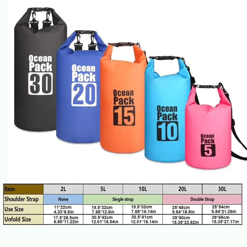 Outdoor PVC Waterproof Dry Bag – 5L, 10L, 20L, 30L Waterproof Backpack for Water Sports