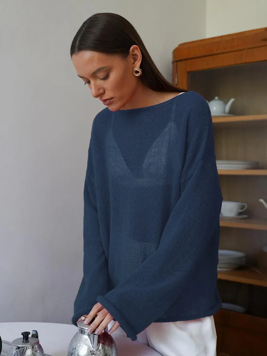 Women’s Hollow Knit O-Neck Sweater – Loose Casual Fit