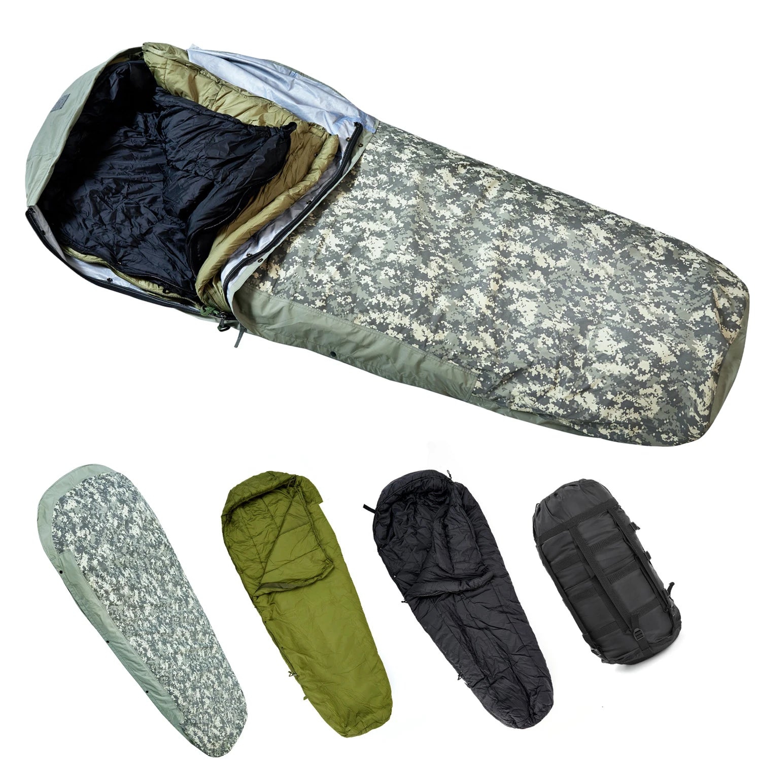 4-Piece Military Modular Sleeping Bag System -40℃ Extreme Cold, Waterproof Bivy Cover