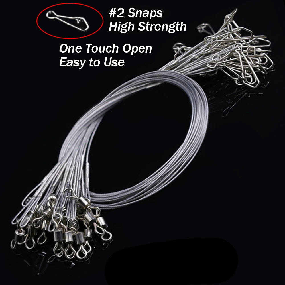 24PCS Anti Bite Steel Wire Fishing Line Leader with Swivel Double-Lock Snap – 15kg Tension