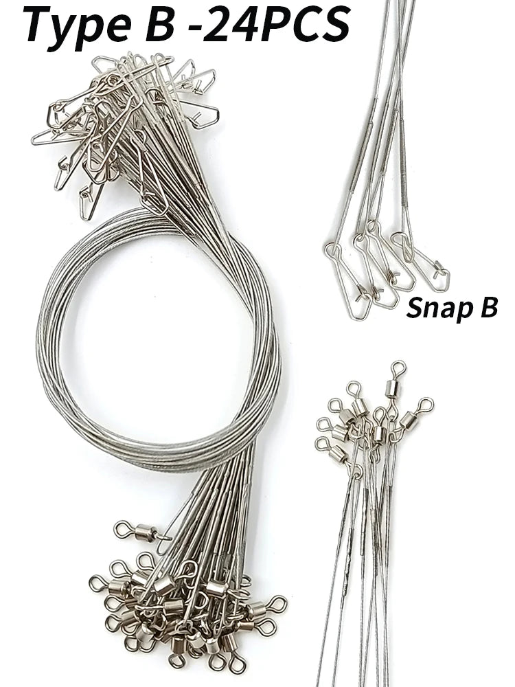 24PCS Anti Bite Steel Wire Fishing Line Leader with Swivel Double-Lock Snap – 15kg Tension