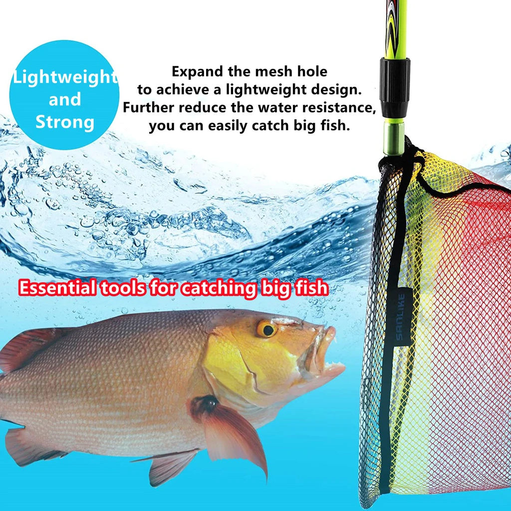 Fishing net with fish and text about its features on a blue water background