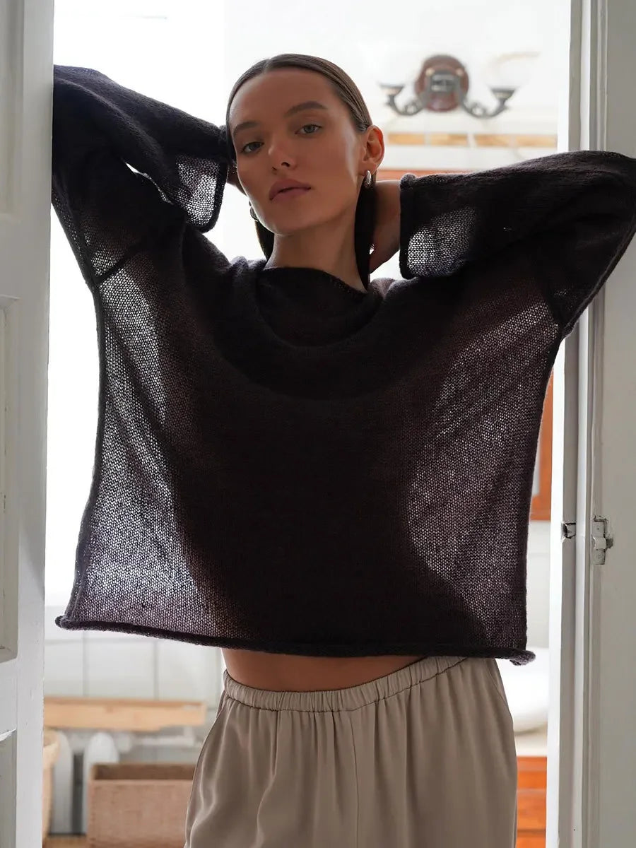 Women’s Hollow Knit O-Neck Sweater – Loose Casual Fit