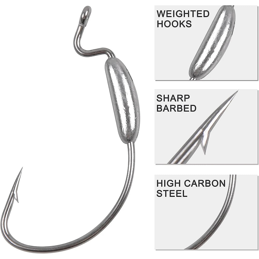 5PCS Weighted Swimbait Hooks – Weedless Offset Barbed Worm Hooks For Soft Lures