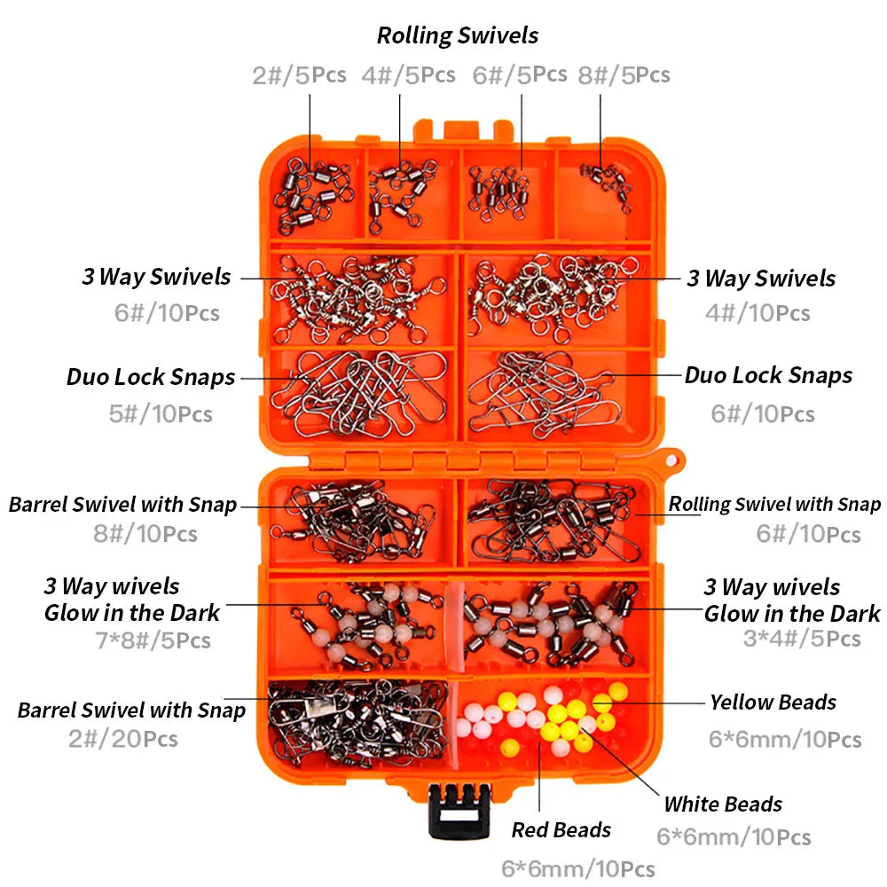 140PCS Fishing Swivels Kit – High-Strength Barrel & 3-Way Swivels for Saltwater & Freshwater Fishing