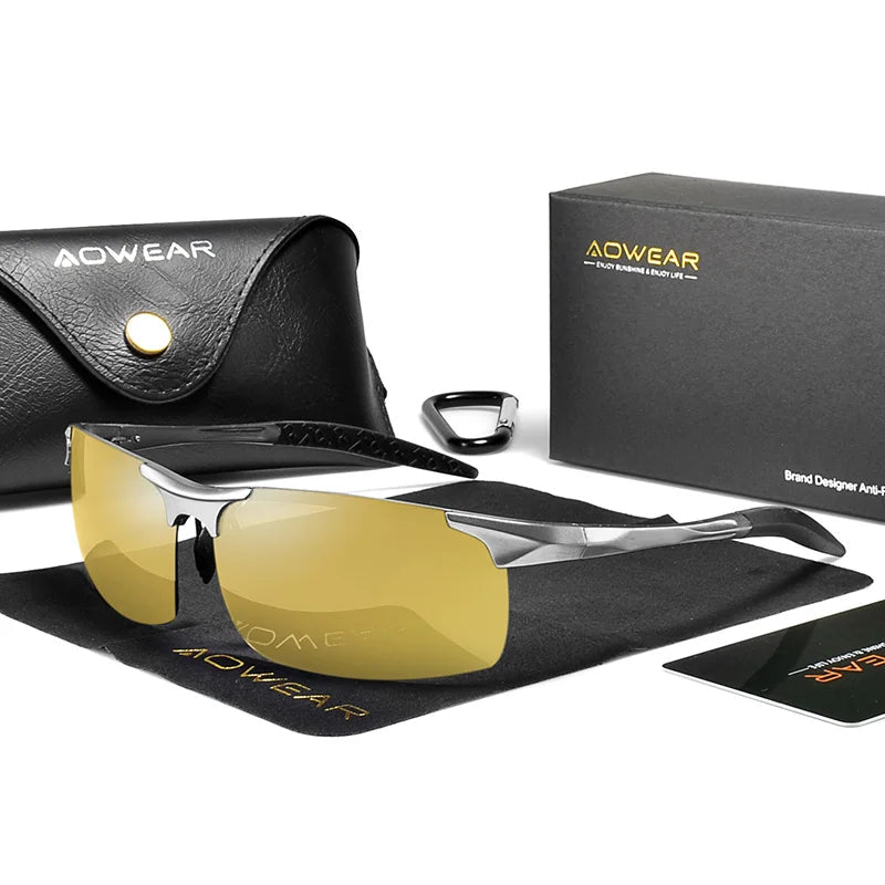 AOWEAR Night Driving Glasses – Polarised Rimless UV400 Anti-Glare Yellow Eyewear
