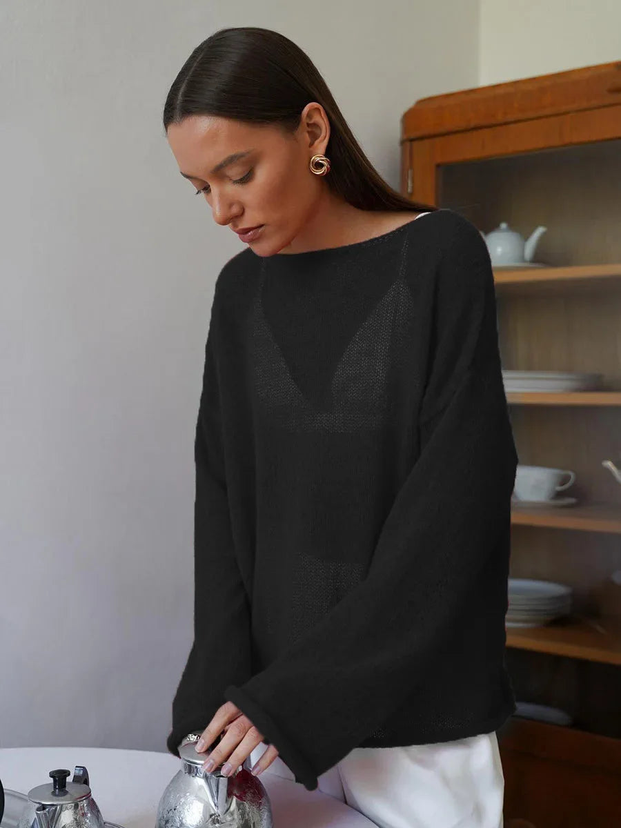 Women’s Hollow Knit O-Neck Sweater – Loose Casual Fit
