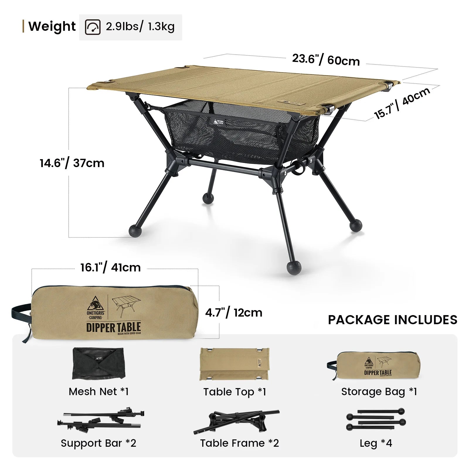 ONETIGRIS Dipper Foldable Camping Table with Mesh Storage – Lightweight Outdoor Furniture