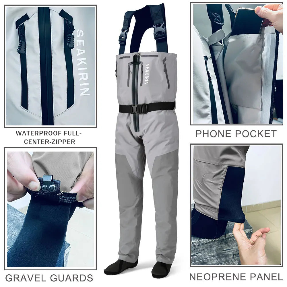 SEAKIRIN Breathable Zip-Front Chest Fishing Waders – Waterproof Stockingfoot Waders
