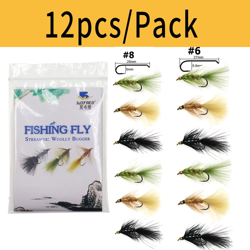 12PCS Brass Bead Head Woolly Bugger Streamers Fly Fishing Flies For Trout