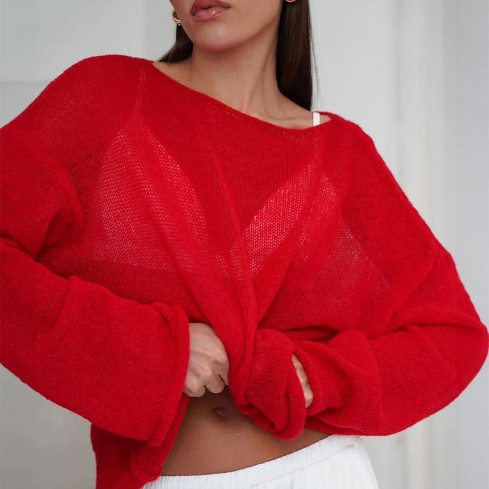 Women’s Hollow Knit O-Neck Sweater – Loose Casual Fit