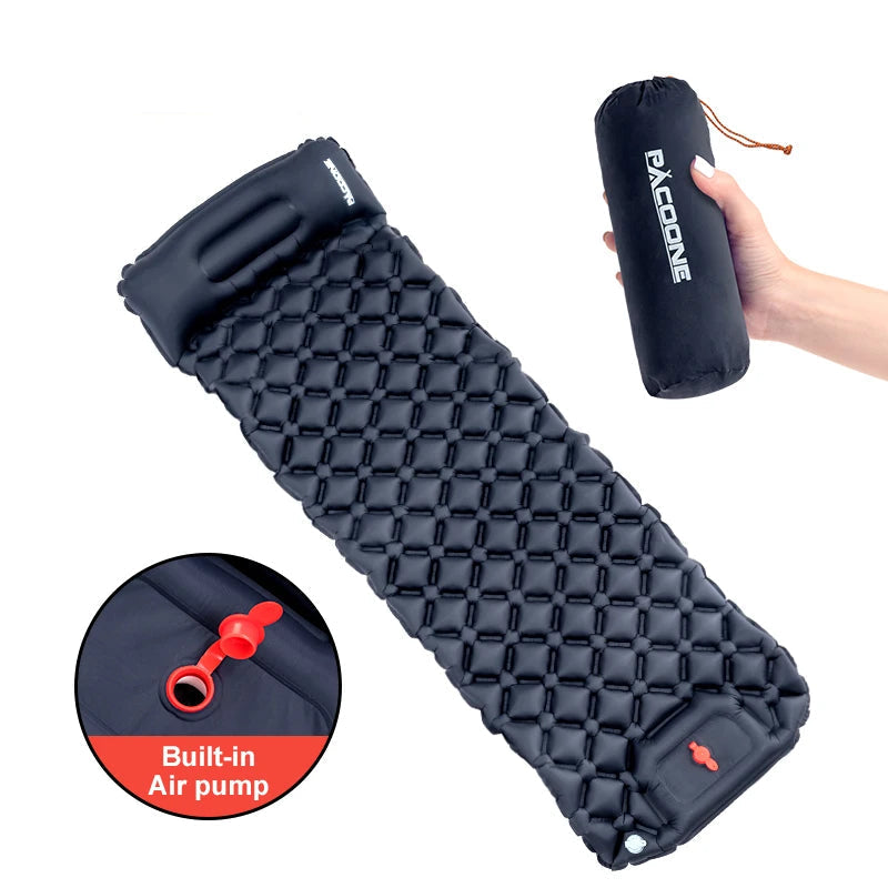 PACOONE Ultralight Inflatable Sleeping Pad with Pillow – Built-in Pump for Camping & Hiking