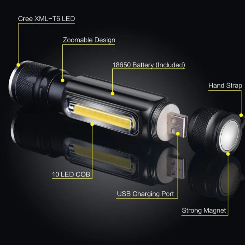 T6 USB Rechargeable Flashlight – Zoomable Torch with COB Light