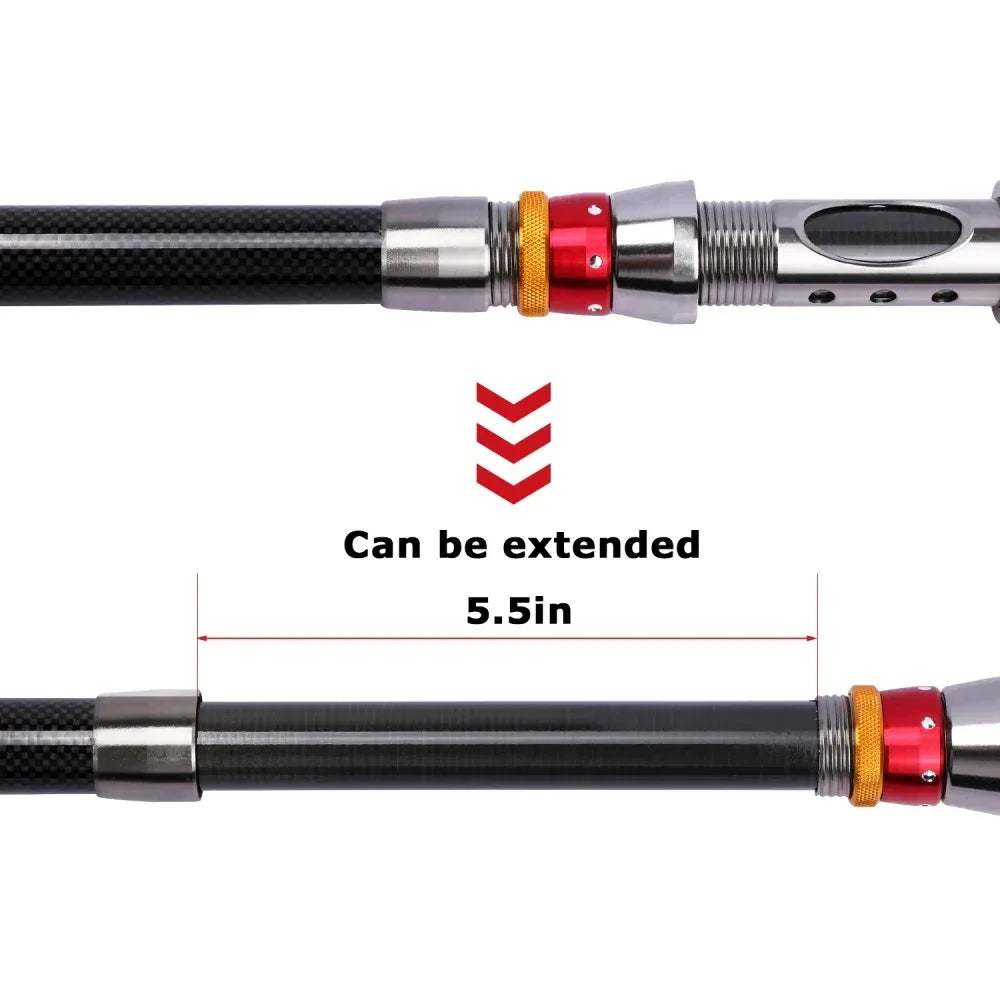 GOTURE telescopic fishing rod joint showing red metal locking ring and smooth 5.5 inch extendable section