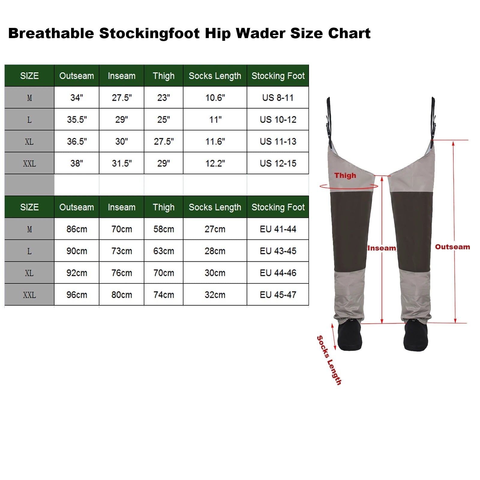 Breathable Stockingfoot Hip Waders – Waterproof Thigh Waders with Waist Belt