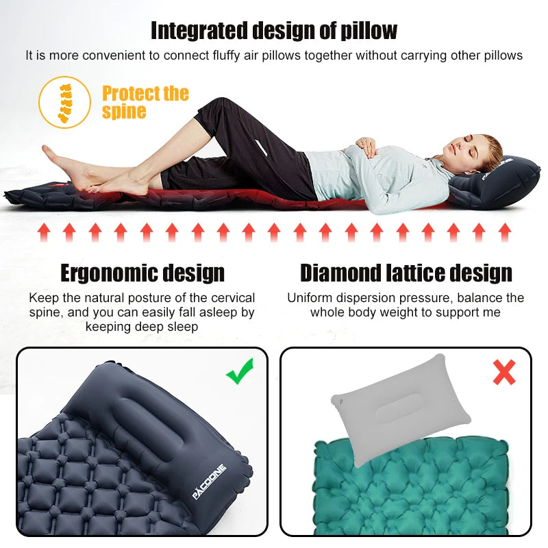 PACOONE Ultralight Inflatable Sleeping Pad with Pillow – Built-in Pump for Camping & Hiking