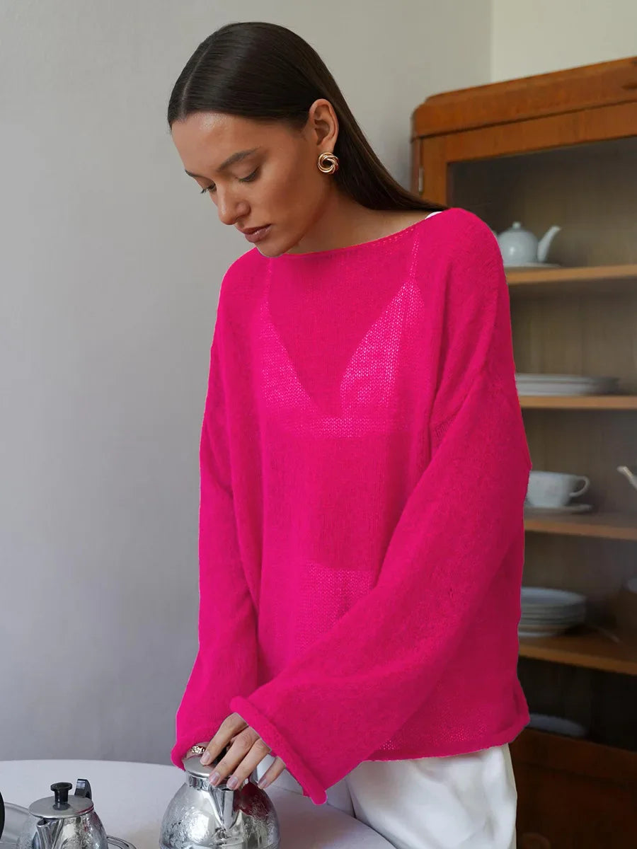 Women’s Hollow Knit O-Neck Sweater – Loose Casual Fit