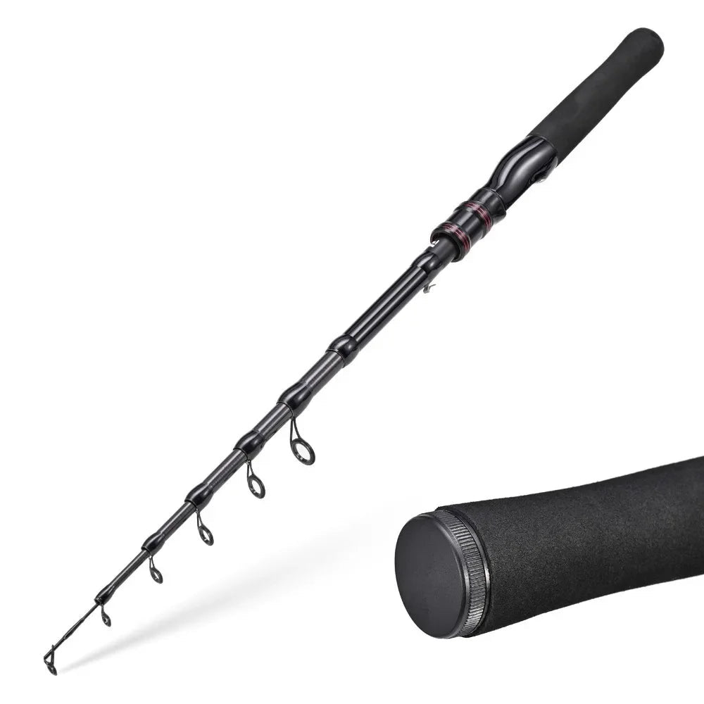 Fishing rod with black handle and reel cover on a white background, featuring LeoFishing brand.