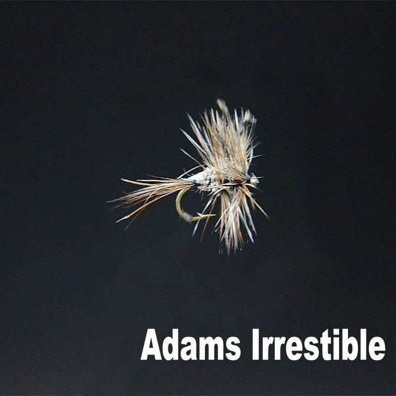 Adams Irresistible dry fly on dark background