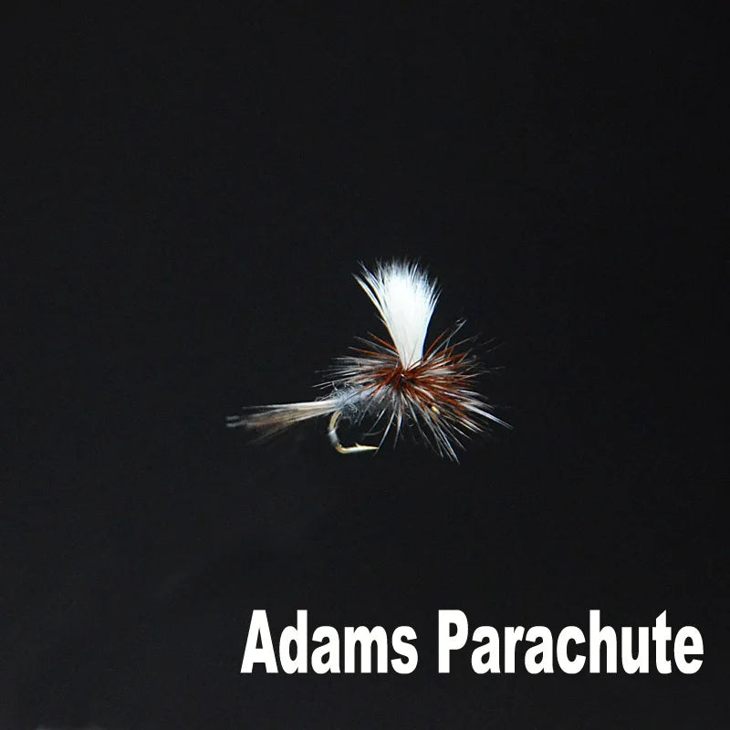 Adams Parachute dry fly on dark background