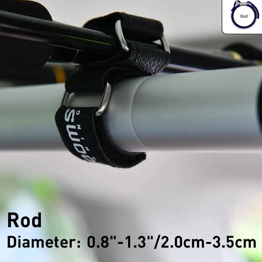 Diagram showing adjustable loop size range of fishing rod straps for rods 2.0–3.5 cm diameter
