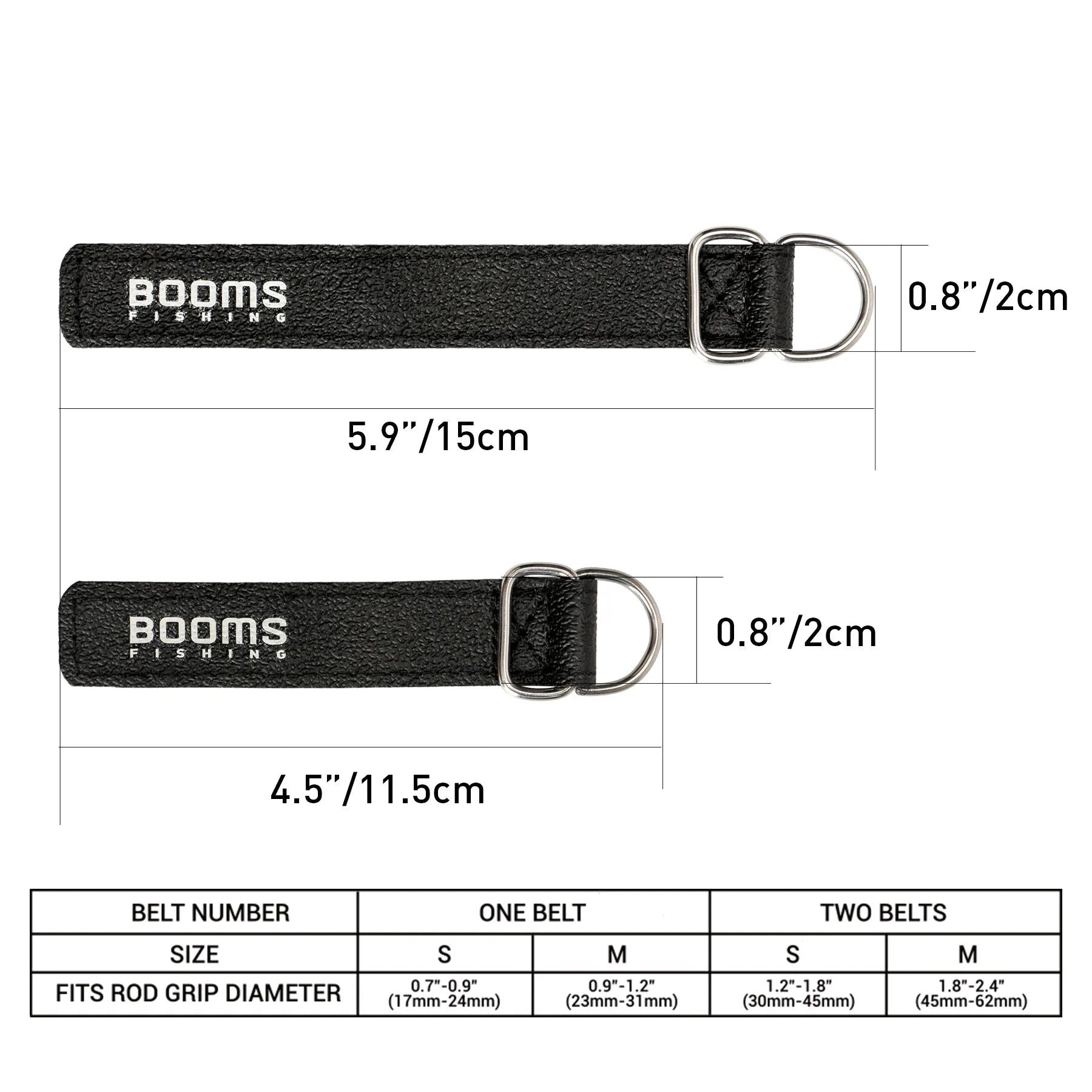 Measurement diagram showing adjustable neoprene fishing rod straps by BOOMS FISHING