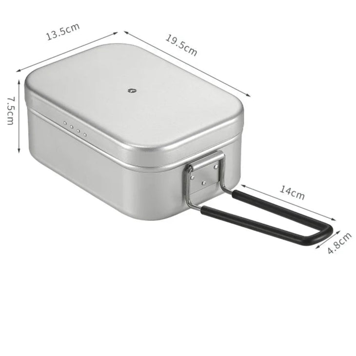 Silver aluminium camping lunch box with measurements