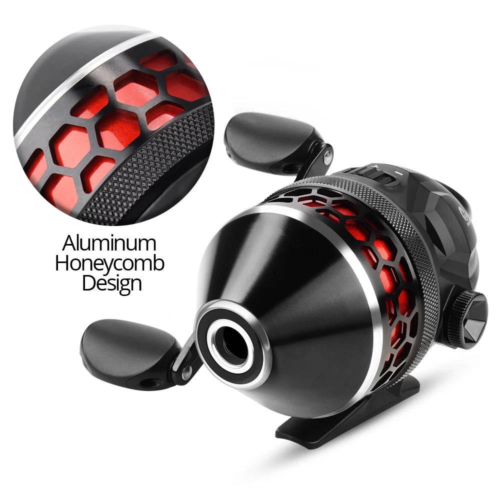 Close-up of spincast reel aluminium body and drag system showing compact, durable design for everyday anglers
