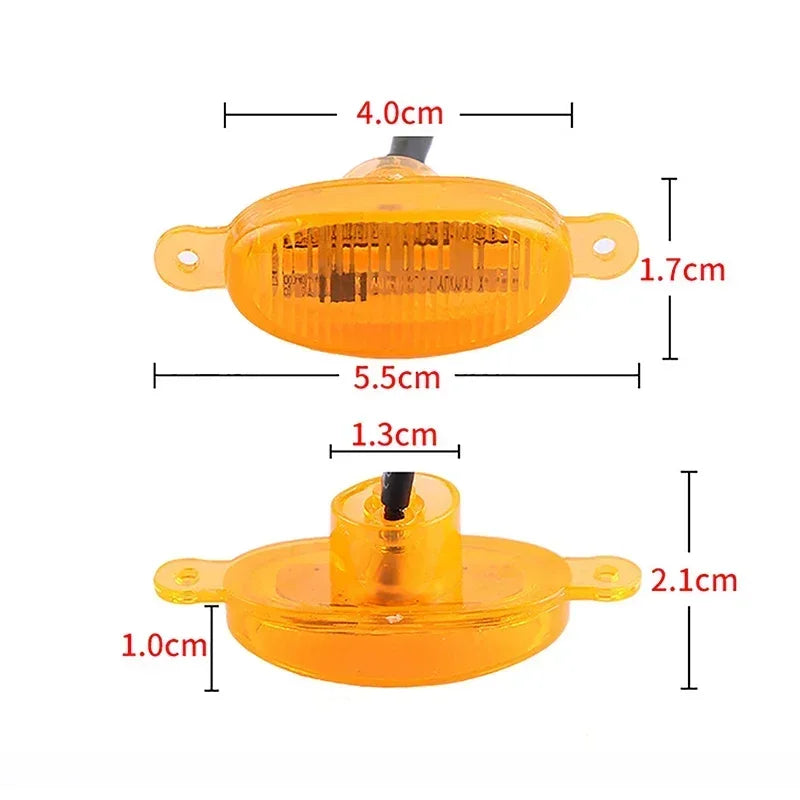 Amber LED light with dimension diagram showing width, height, and mounting depth for vehicle installation