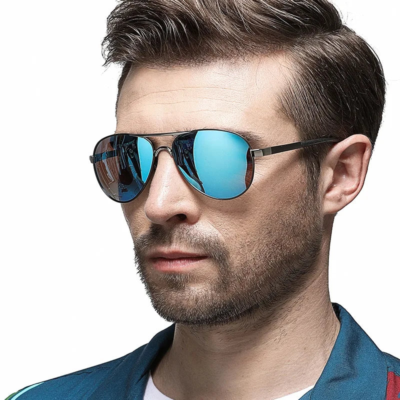 AOWEAR AP8503 blue mirror polarised pilot sunglasses worn by model, UV400 glare protection