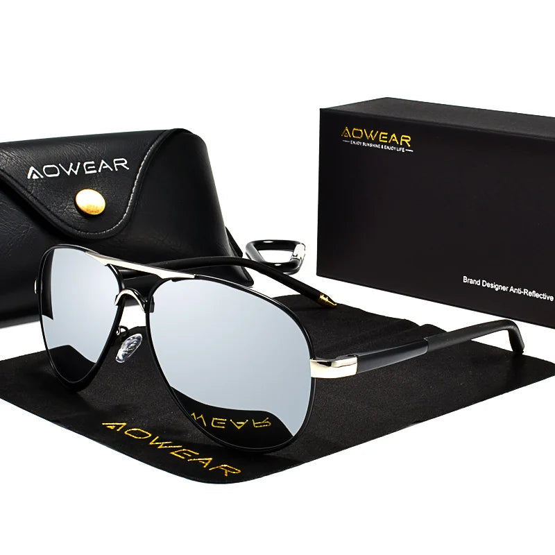 AOWEAR AP8503 silver mirror pilot sunglasses with box, case, and accessories displayed
