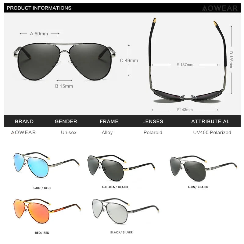 AOWEAR AP8503 pilot sunglasses lens size chart with 60mm width and UV400 protection