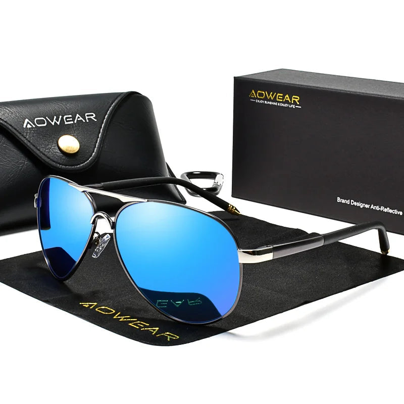 AOWEAR blue mirror pilot sunglasses with polarised lenses and alloy frame for driving