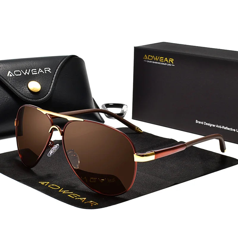 AOWEAR brown mirror polarised pilot sunglasses ideal for driving, travel, and outdoor use