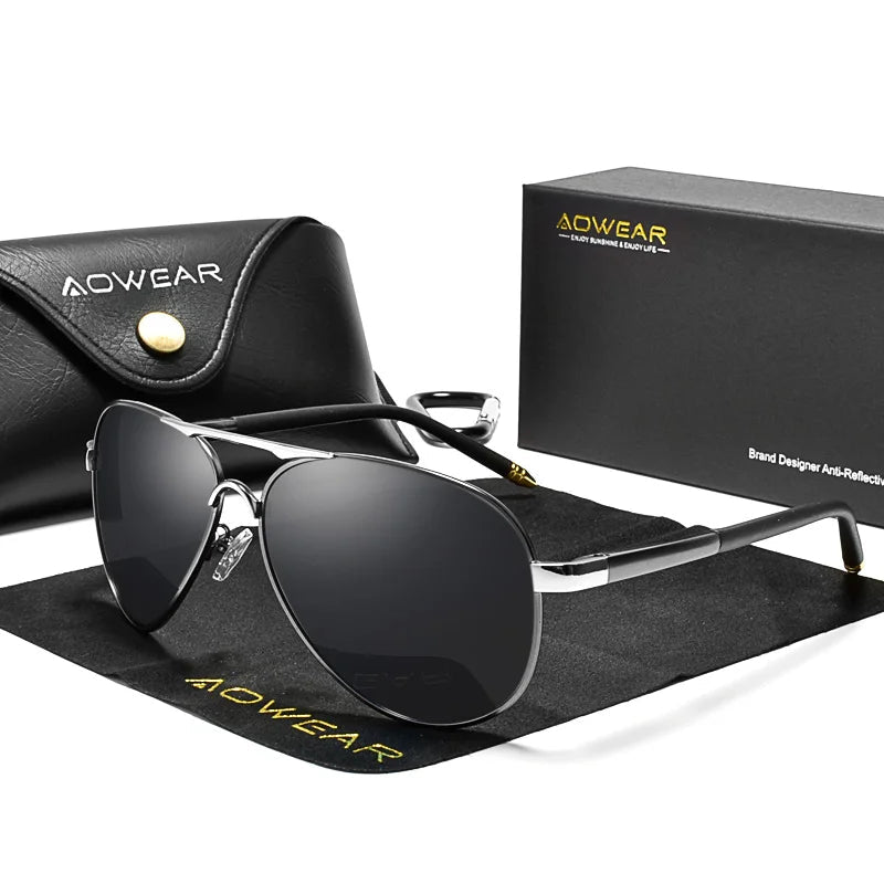 AOWEAR grey mirror pilot sunglasses with UV400 polarised lenses and classic alloy frame