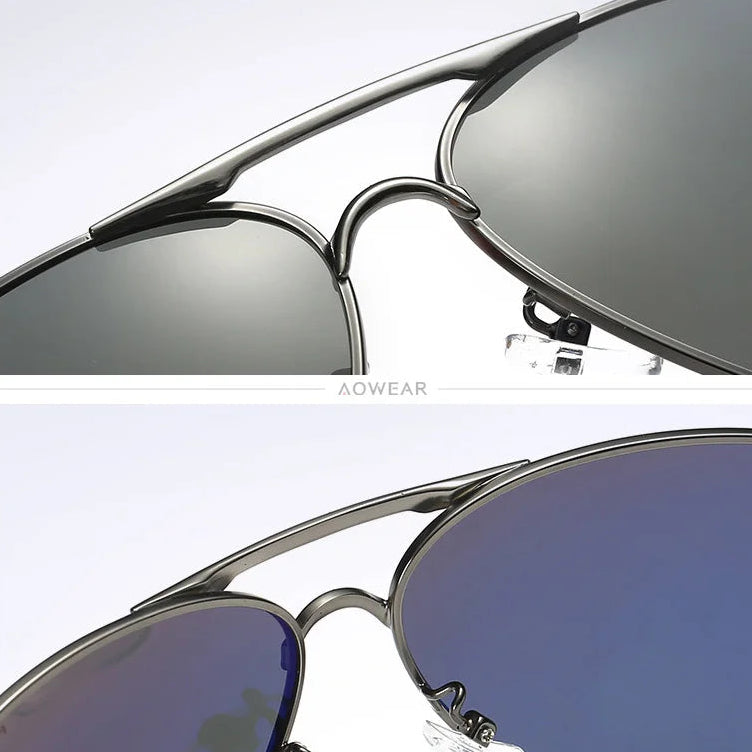AOWEAR pilot sunglasses close-up showing alloy frame and mirror-coated polarised lens detail