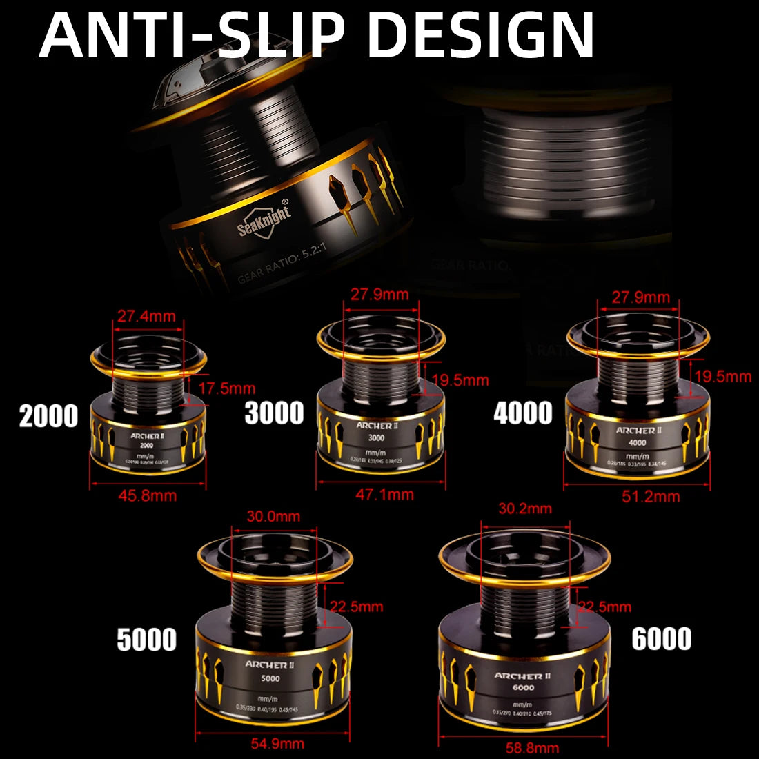 ARCHER II baitcasting reel showing anti-slip design and model size options from 2000 to 5000