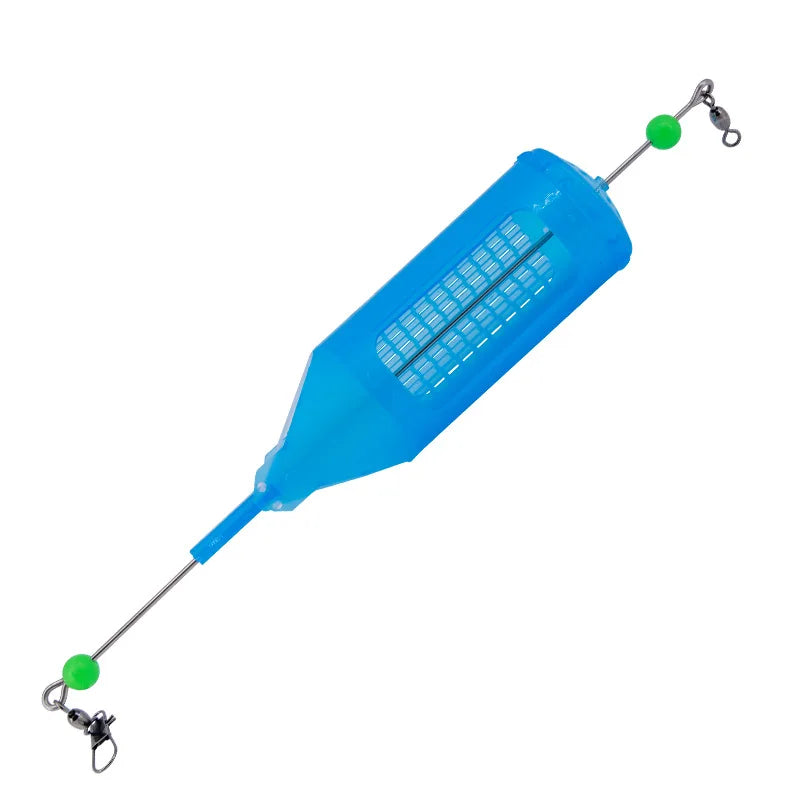 Blue bait cage feeder attached to fishing rig with swivel and bead