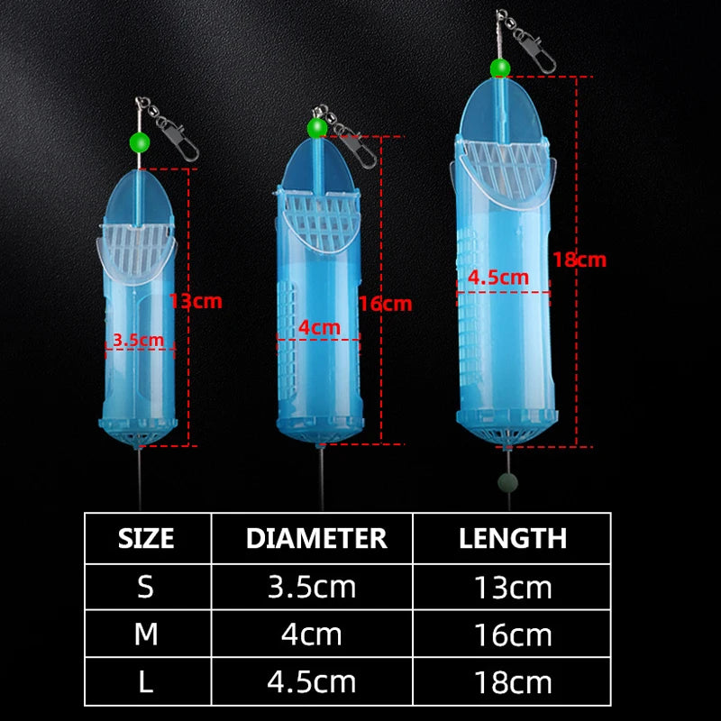 Bait cage feeder size diagram showing length and diameter measurements