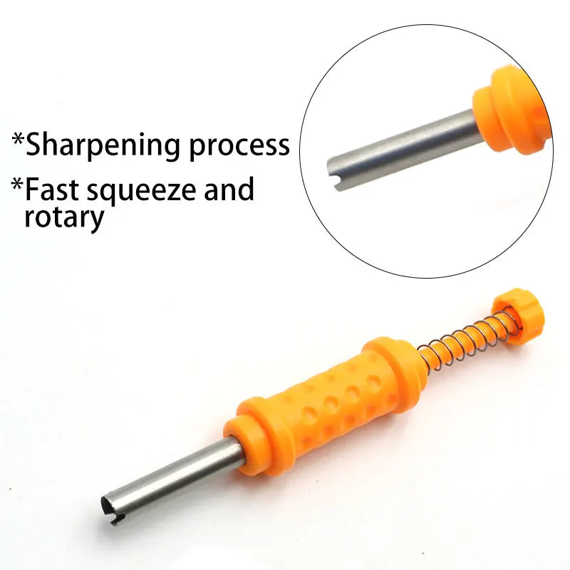 Close-up showing bait corer sharpening process with fast squeeze and rotary cutting design
