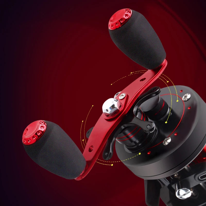 Compact metal baitcasting drum reel showing ergonomic handle design and precision drag control for steady retrieves