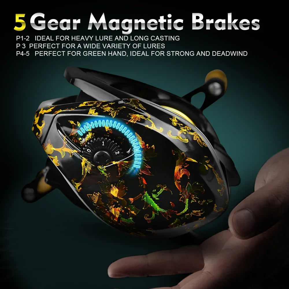 Baitcasting reel demonstrating 5-gear magnetic brake system for smooth drag adjustment